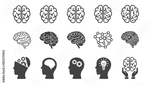 Vector Icon Set Human Brains and Minds Symbolizing Innovation, Knowledge, Memory, and Cognitive Development for Science and Mental Health Projects