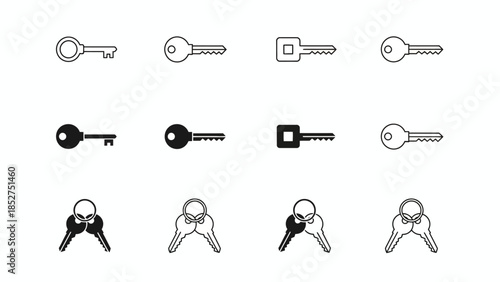 Collection of stylized keys and keychains, designed with clean lines and geometric shapes for a modern aesthetic