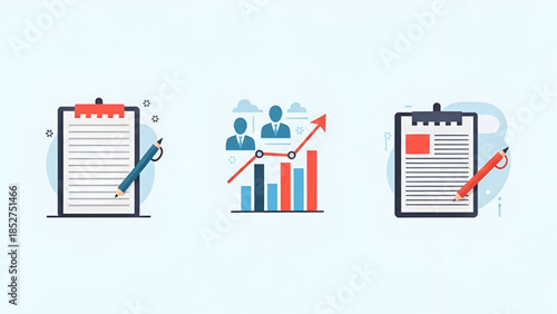 Clipboard with documents and analytics graph in flat design with blue and red colors for business presentation