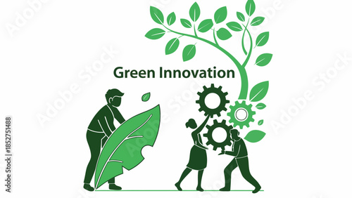 Green Innovation and Sustainability People working together with gears and leaves to build a greener future and advance technological solutions