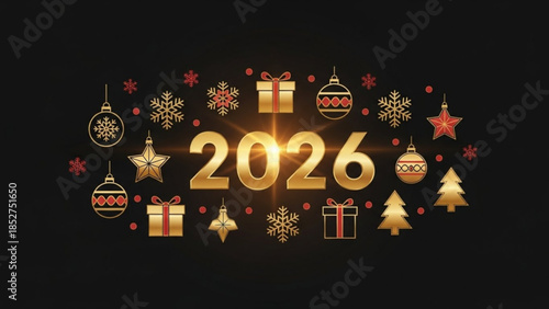 New year 2026 celebration with gold ornaments, gifts, and snowflakes on black background