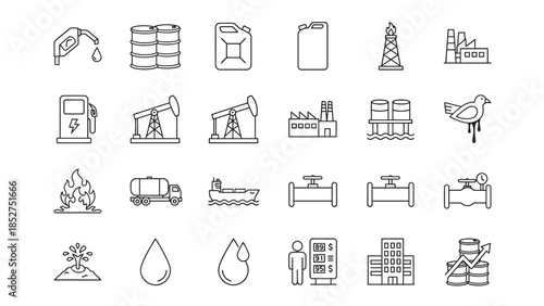 Petroleum industry and oil extraction icons with symbols for fuel, refining, and transportation, depicting industry and energy