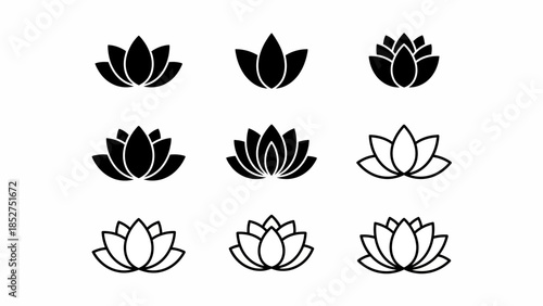 Collection of minimalist lotus flower icons in black and white outline and solid fill styles for design projects