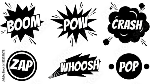 Retro Comic Book Sound Effects Boom, Pow, Crash, Zap, Whoosh, Pop