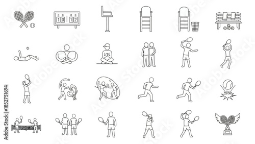 Dynamic collection of outline icons showcasing various elements of racket sports, including player actions, equipment, and championship symbols, ideal for modern digital design projects