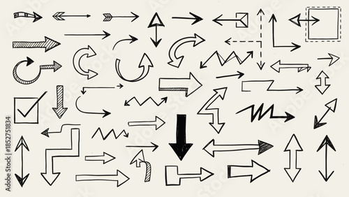 Collection of Hand-Drawn Arrows in Various Styles and Directions, Perfect for Graphic Design and Navigation