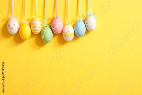 Hanging decorated easter eggs on a bright yellow background