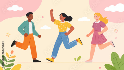 Three people running in a colorful outdoor scene