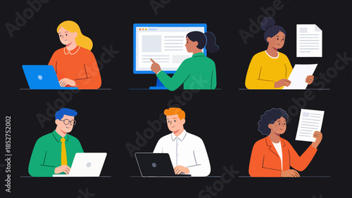 Six people working on laptops and documents