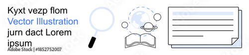Research, education, knowledge sharing, data analysis, science, digital tools. Magnifying glass, open book with planets and a document graphic. Research and education visualization