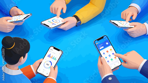 People using smartphones with data charts