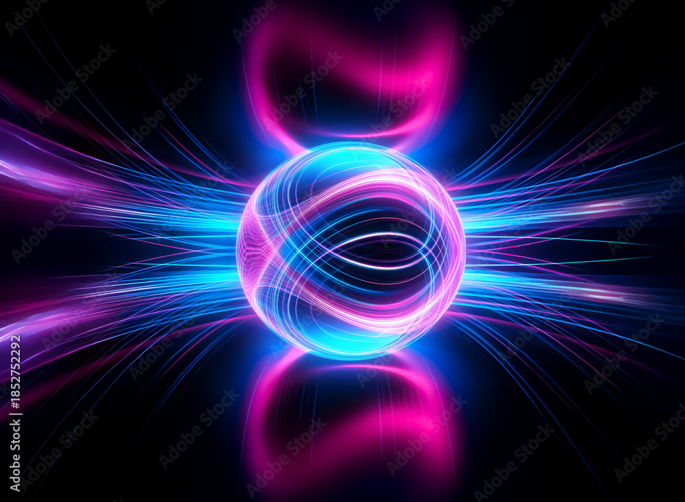 Obraz premium A luminous sphere emits blue and pink streaks against a dark backdrop, creating an abstract, futuristic, and vibrant visual.