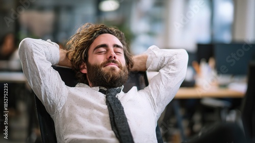 Serene Contemplation: An image of a content male employee taking a break at the office, embracing a moment of relaxation. 