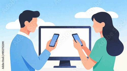 Two people using phones with computer