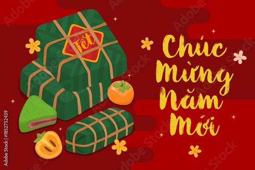 Holiday card design for Lunar New Year, Vietnamese Lunar New Year (Tet). Traditional food, sticky rice cakes on red background, inscription in Vietnamese Сhúc Mừng Năm Mới (Happy New Year).