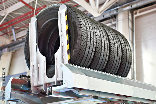 Car tires in car repair shop