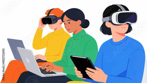 Three people using VR headsets and devices