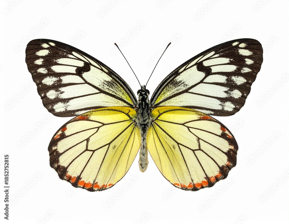 Obraz premium Photo of a Brimstone butterfly (Gonepteryx rhamni) isolated on a white background. Bright yellow wings, ideal for nature, macro, and educational photography