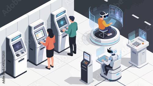 People using ATMs and VR tech