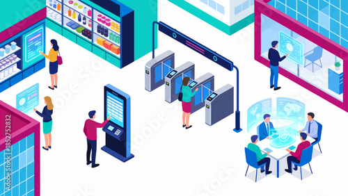 People interacting with technology in a modern space