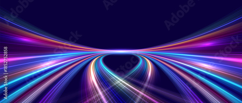 Modern abstract high speed movement with dynamic motion light trails, speed effect on dark blue background. Futuristic digital technology concept. Pattern for banner. Vector EPS10.