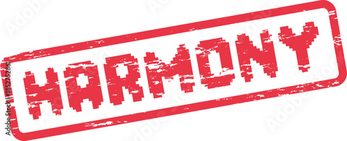 HARMONY text in distressed red rubber stamp effect represents unity and peaceful balance