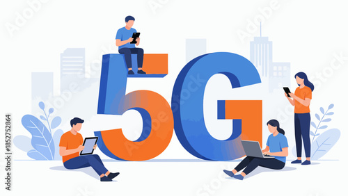 People using devices near large 5G text