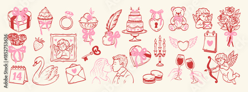 Coquettish elements for Valentine's Day, wedding invitations, cards. Hand drawn cute girly bows,hearts, ribbons, champagne, strawberry. Vintage vector illustration.