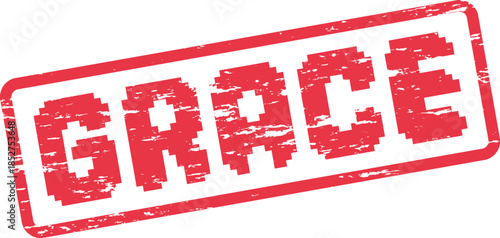 Elegant red grace word mark in a distressed pixelated stamp style representing charm and virtue