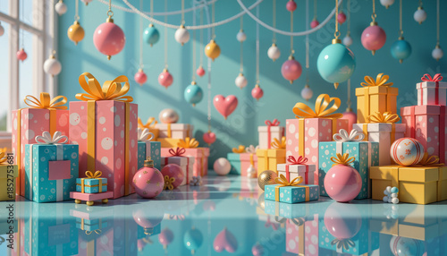 Colorful Christmas gifts and decorations in a festive indoor setting  