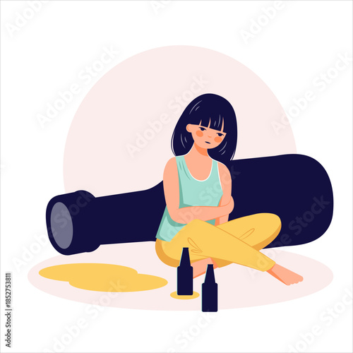 Alcohol abuse addiction concept hand drawn drunk woman illustration