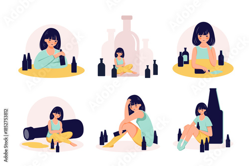 Alcohol abuse addiction concept hand drawn drunk woman illustration