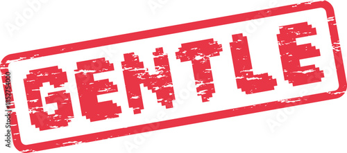 Warm red gentle word mark in a distressed pixelated stamp style symbolizing kindness and softness