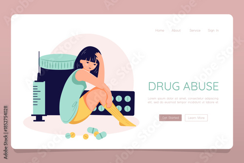 Drug addiction concept female person suffer from drug abuseweb landing banner