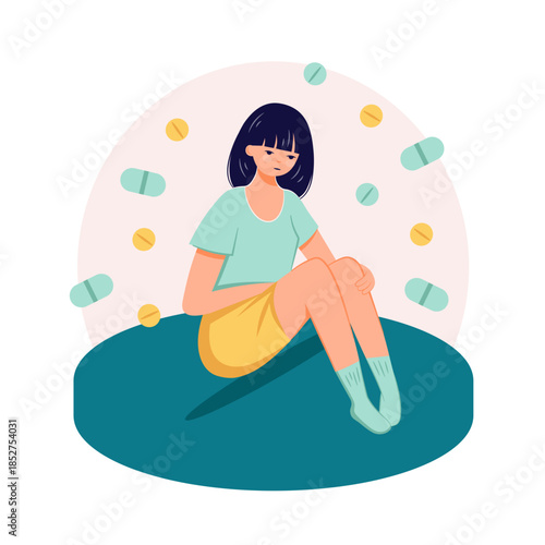 Drug addiction concept female person suffer from drug abuse flat illustration