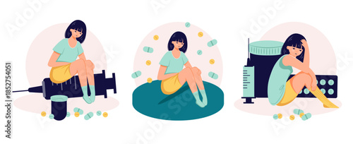 Drug addiction concept female person suffer from drug abuse flat illustration