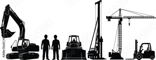 Black construction equipment silhouettes, heavy machinery set with excavator, bulldozer, tower crane, drilling rig, forklift, and professional workers on white background, vector.