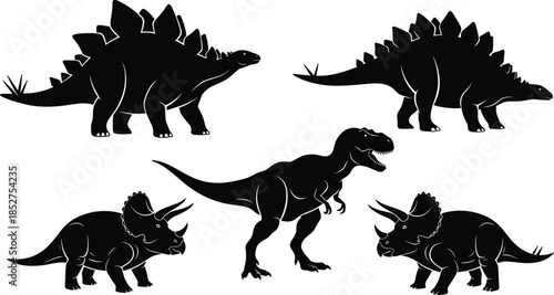 Black dinosaur silhouettes collection featuring Tyrannosaurus Rex, Stegosaurus, and Triceratops isolated on white background, prehistoric animal vector icons set for nature design