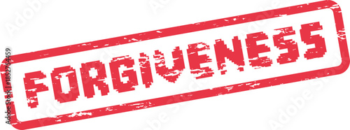 Striking red forgiveness word mark in a grunge pixelated stamp style promoting peace and understanding