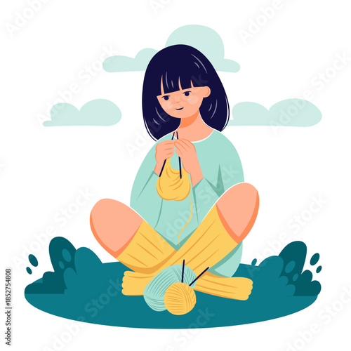 Young female knitting in public  needle work craft hobby