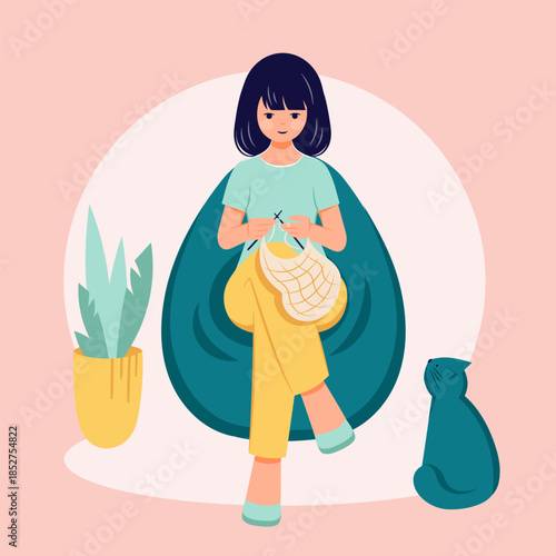 Young female knitting needle work craft hobby