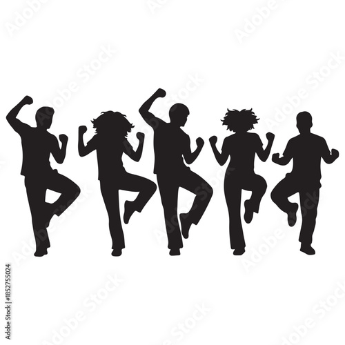 Dynamic group of diverse people silhouettes dancing and celebrating a vector illustration