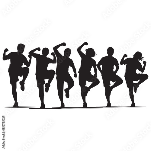 Dynamic group of people silhouettes in active poses ideal for fitness dance or energetic lifes