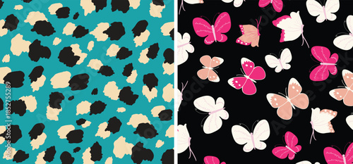 Modern Animal Print and Whimsical Butterfly Seamless Pattern Set - Abstract Leopard Spots and Hand Drawn Butterfly Vector Backgrounds