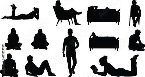 Collection of black silhouettes of people in various relaxed poses, sitting on chairs, lying on sofas, reading, and resting, isolated on white.