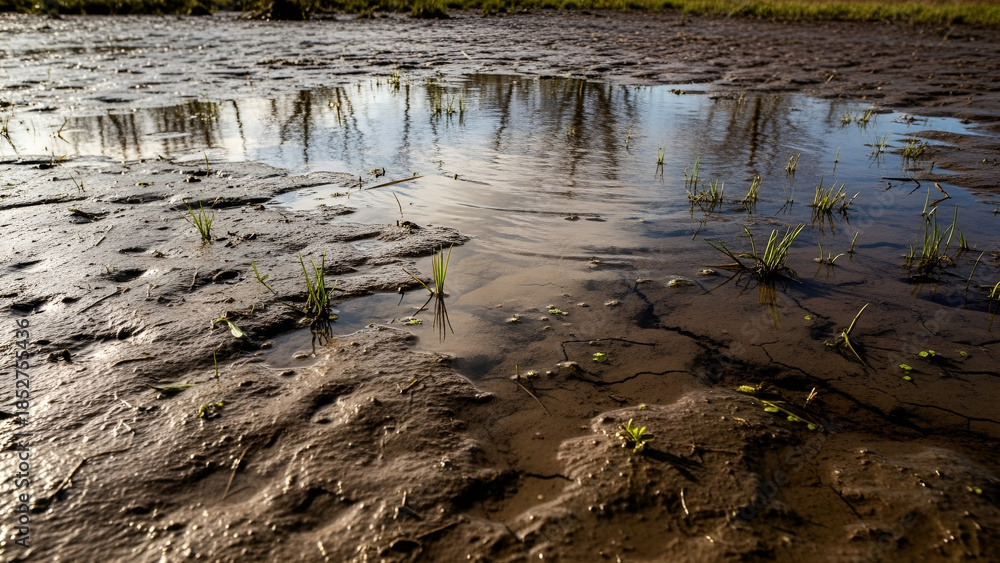 Obraz premium Muddy field with water and green sprouts growing