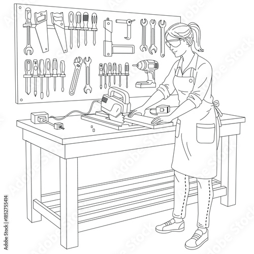 A clean line art illustration of a skilled female artisan working at a workbench, using a power saw to cut wood in a professional tool workshop. Perfect for DIY, craftsmanship, or coloring page themes