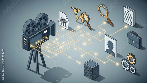 Dynamic data flow and content creation visualized in an isometric network, connecting vintage camera with information analytics, digital storage, and business processes