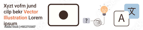 Language learning, communication, translation tools, creativity, problem-solving, education. Symbols including a lightbulb, question mark and language icon. Language learning and communication theme
