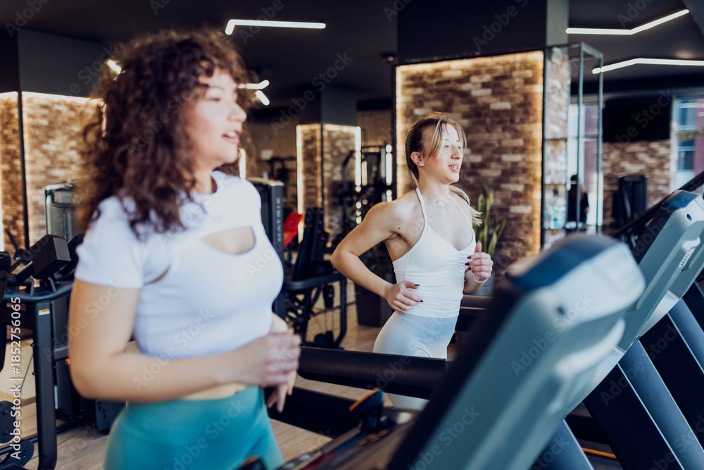 Obraz premium Side view of two beautiful young women in stylish sportswear running side by side on treadmills 